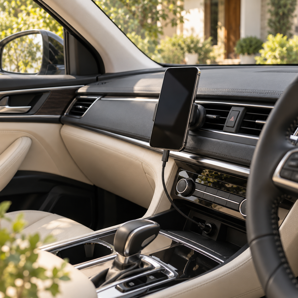 Illustrative MagDock parked-car interior with a mounted phone and neatly arranged charging cable