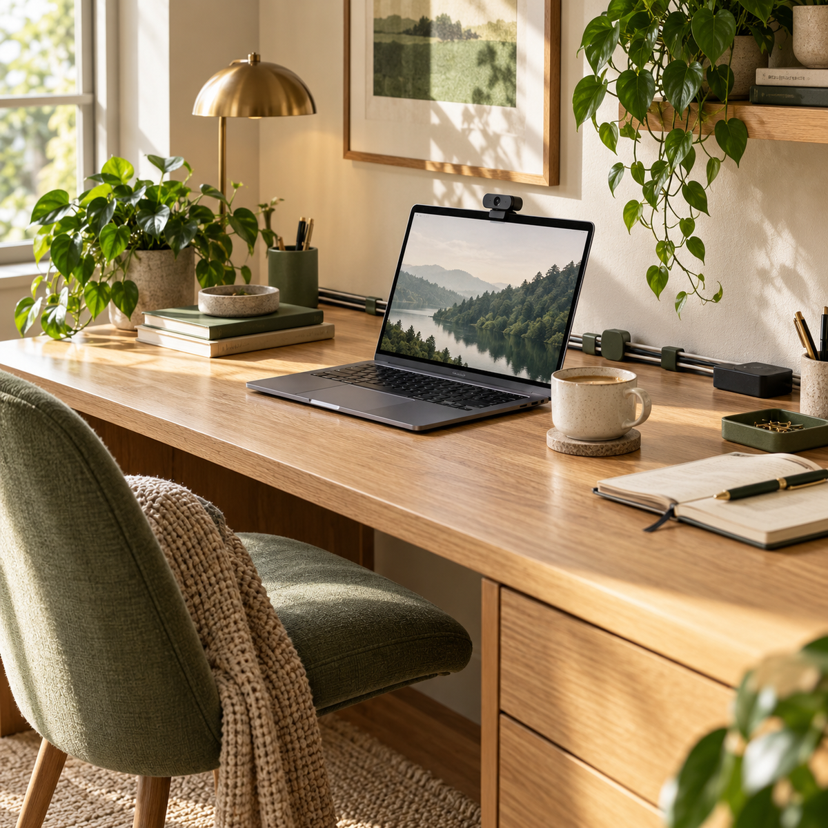 Illustrative Beffante home workspace with webcam, organised cables and warm natural materials