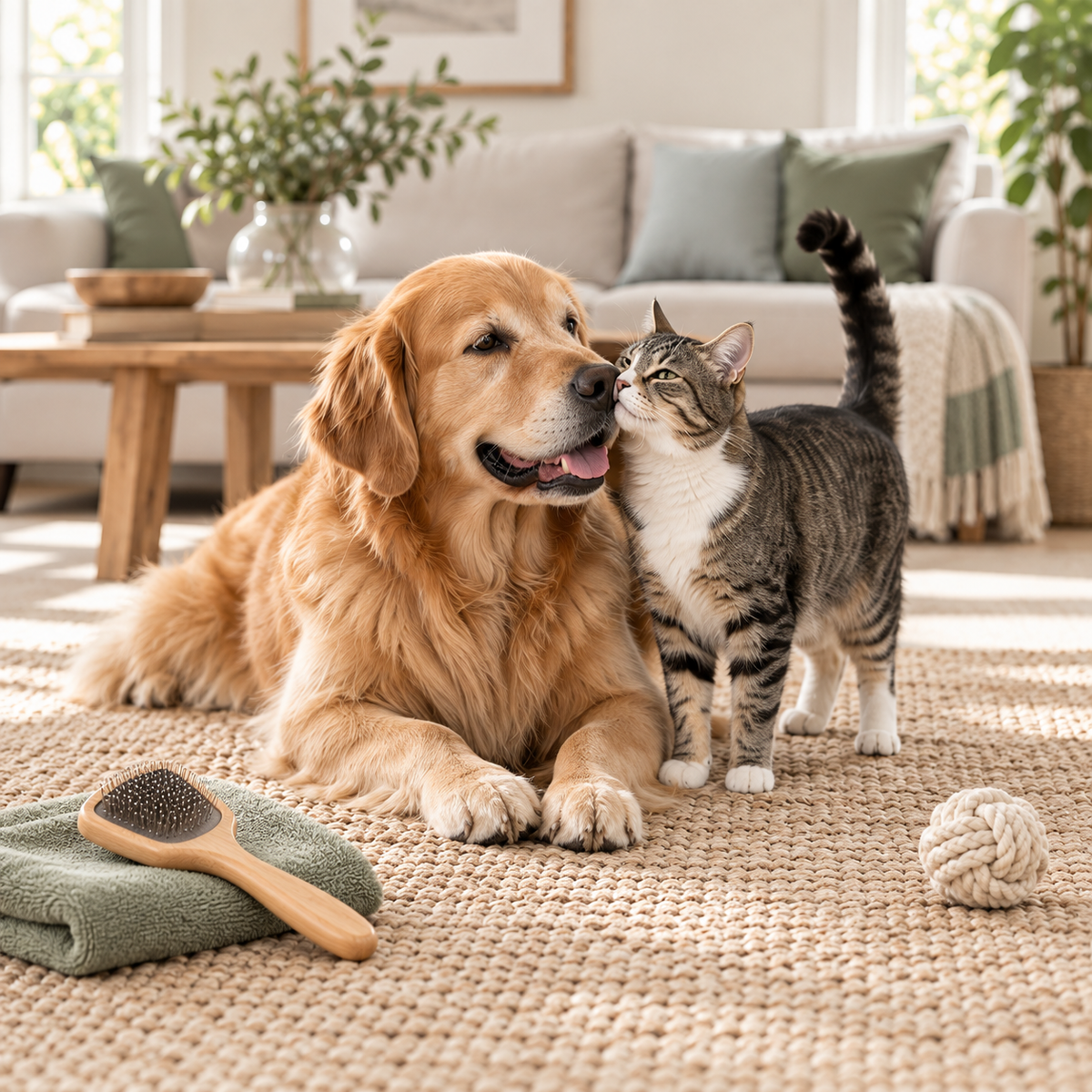 Dog and cat with grooming accessories in an illustrative home scene