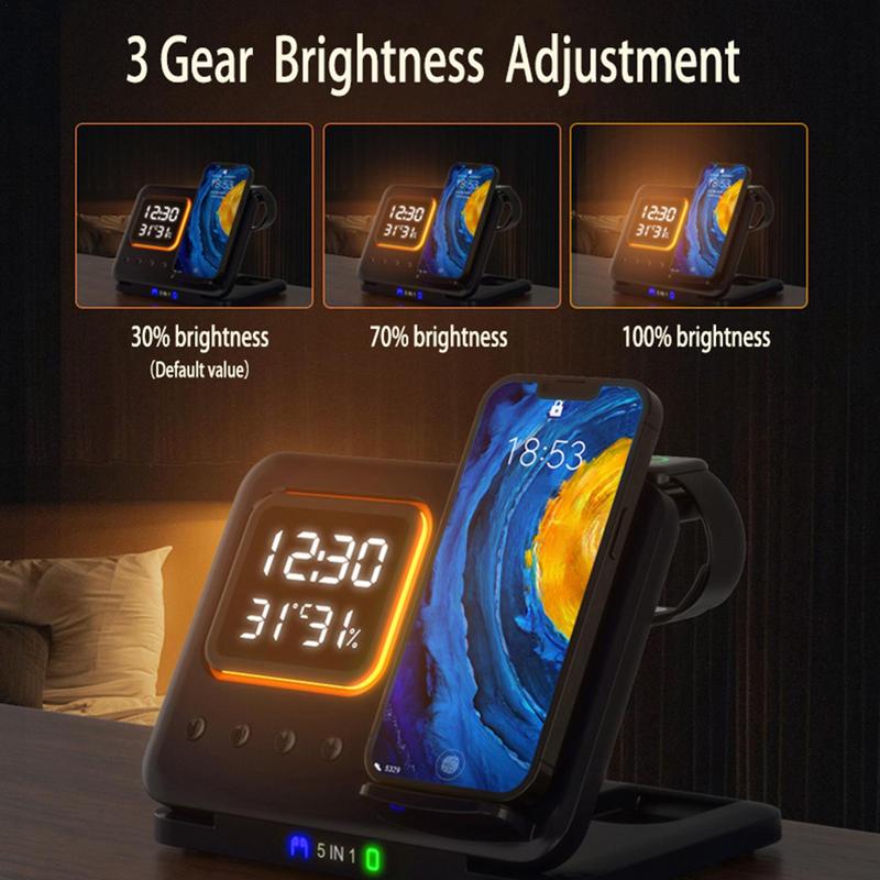 15W Wireless Chargers Stand 5 In1 LED Digital Alarm Clock Fast Charging Dock Station - photo 7