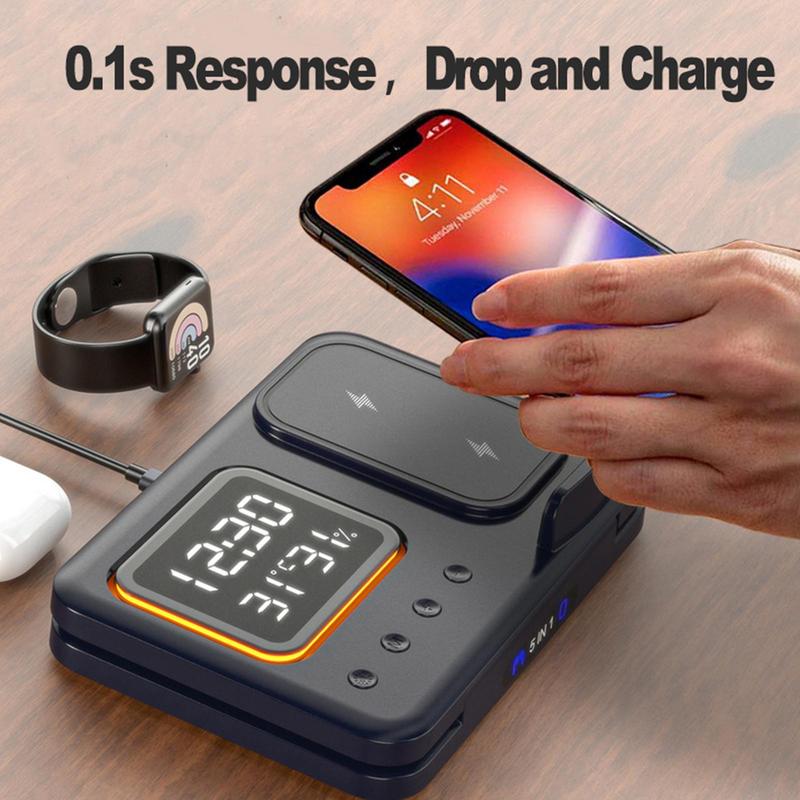 15W Wireless Chargers Stand 5 In1 LED Digital Alarm Clock Fast Charging Dock Station - photo 4