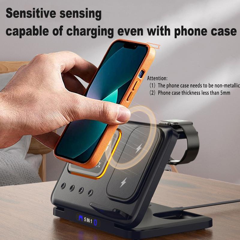 15W Wireless Chargers Stand 5 In1 LED Digital Alarm Clock Fast Charging Dock Station - photo 3