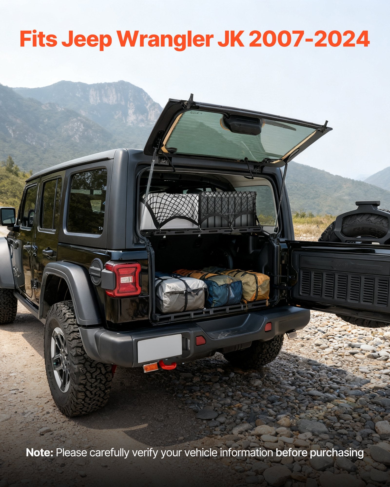 Rear Trunk Cargo Rack, For 2007-2024 Wrangler JK, 300 Lbs Capacity, Carbon Steel Basket Tray Interior Storage Luggage Carrier With Net, Shelf Stand Organizer For Camping Trip Gear, Black - photo 2