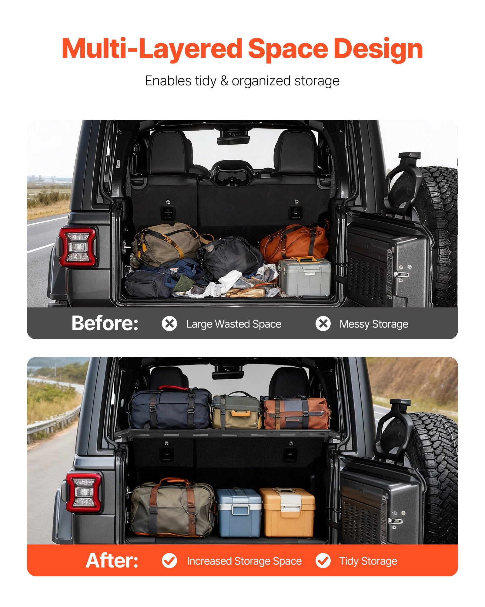 Rear Trunk Cargo Rack, For 2007-2024 Wrangler JK, 300 Lbs Capacity, Carbon Steel Basket Tray Interior Storage Luggage Carrier With Net, Shelf Stand Organizer For Camping Trip Gear, Black - photo 3