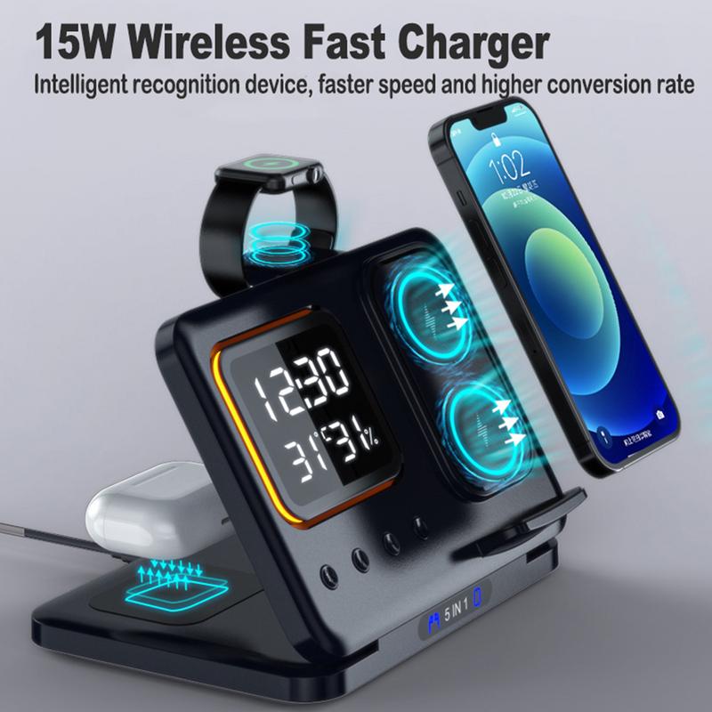 15W Wireless Chargers Stand 5 In1 LED Digital Alarm Clock Fast Charging Dock Station - photo 2