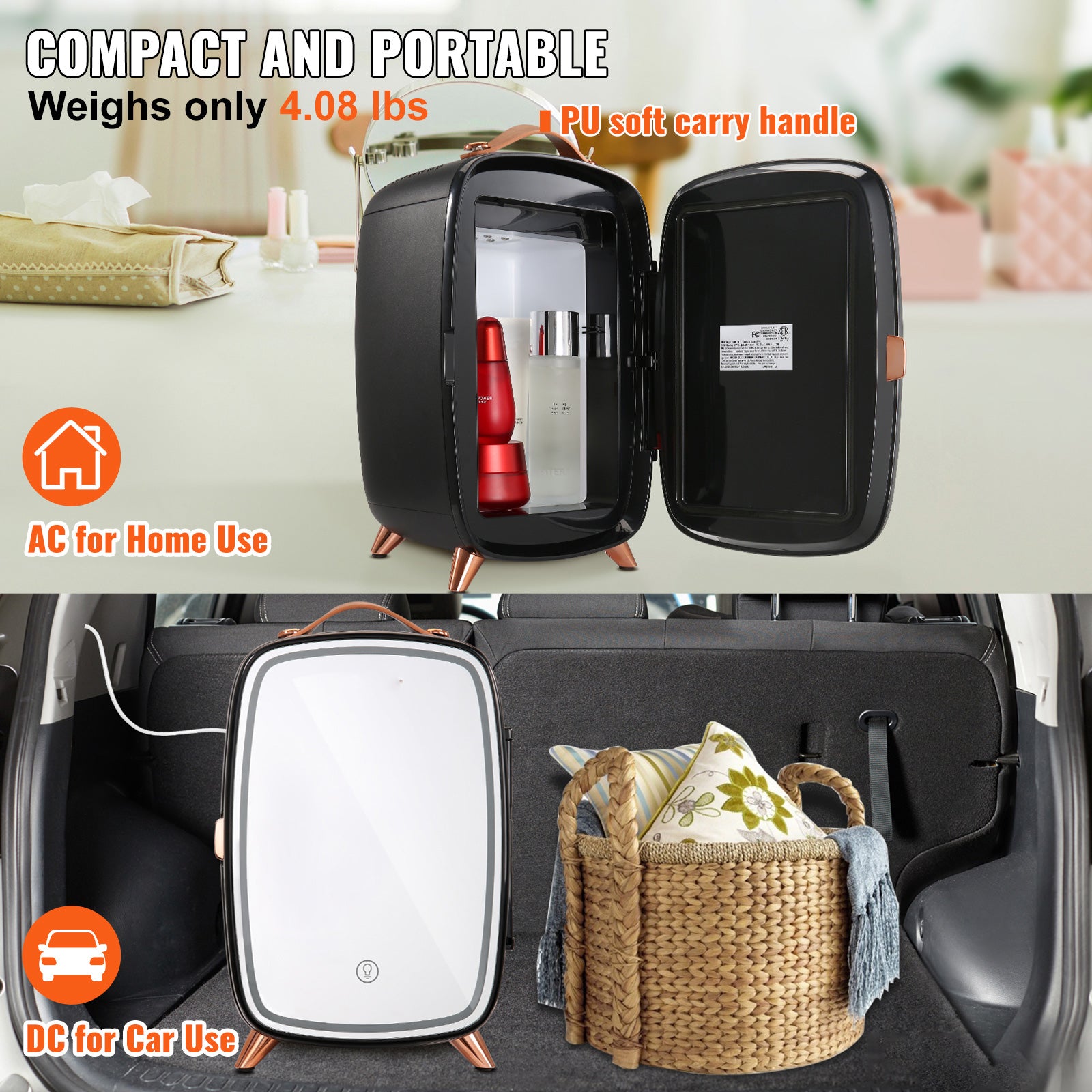 Vevor Mini Fridge, 6L Skincare Fridge With LED Light And HD Mirror, AC DC Makeup Fridges For Skin Care, Cosmetic Storage, Chill Face Mask Drink,  Small Refrigerator For Bedroom Dorm Desktop, Black - photo 2
