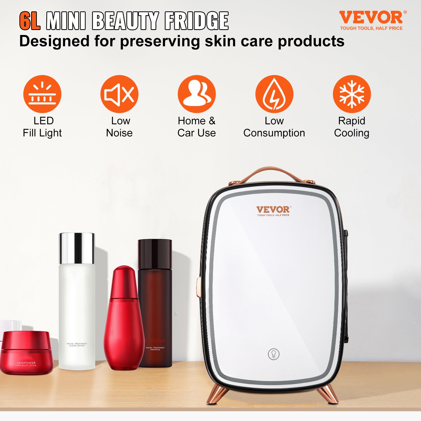 Vevor Mini Fridge, 6L Skincare Fridge With LED Light And HD Mirror, AC DC Makeup Fridges For Skin Care, Cosmetic Storage, Chill Face Mask Drink,  Small Refrigerator For Bedroom Dorm Desktop, Black - photo 3