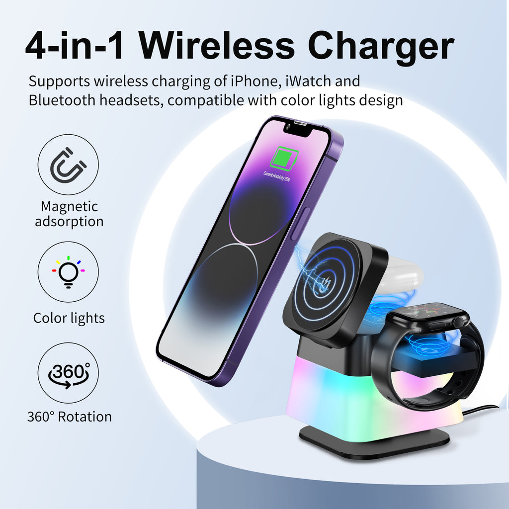 4 In 1 Rotatable Colorful Lighting Wireless Charger Stand For Phone 15 14 13 12 Pro Max 8 7 Holder Magnetic Fast Charging Station - photo 2