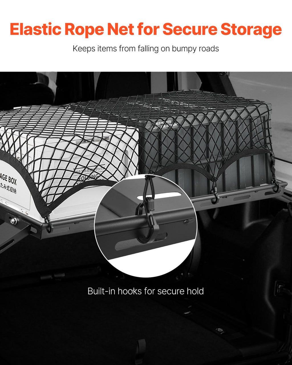 Rear Trunk Cargo Rack, For 2007-2024 Wrangler JK, 300 Lbs Capacity, Carbon Steel Basket Tray Interior Storage Luggage Carrier With Net, Shelf Stand Organizer For Camping Trip Gear, Black - photo 5