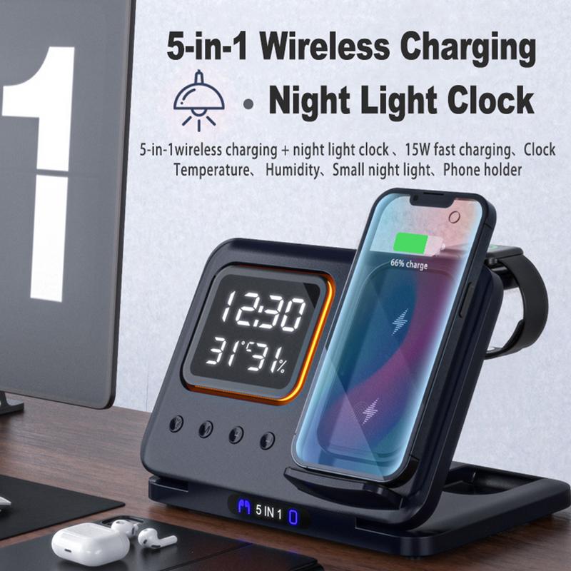 15W Wireless Chargers Stand 5 In1 LED Digital Alarm Clock Fast Charging Dock Station - photo 6