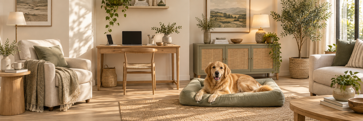Illustrative home scene with a relaxed dog, an organised desk and warm lighting